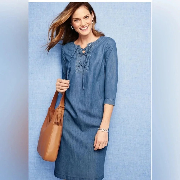 Talbots Womens Denim Chambray 3/4 Sleeve Lace Up Shift Dress Size 4 Petite - Picture 2 of 11
